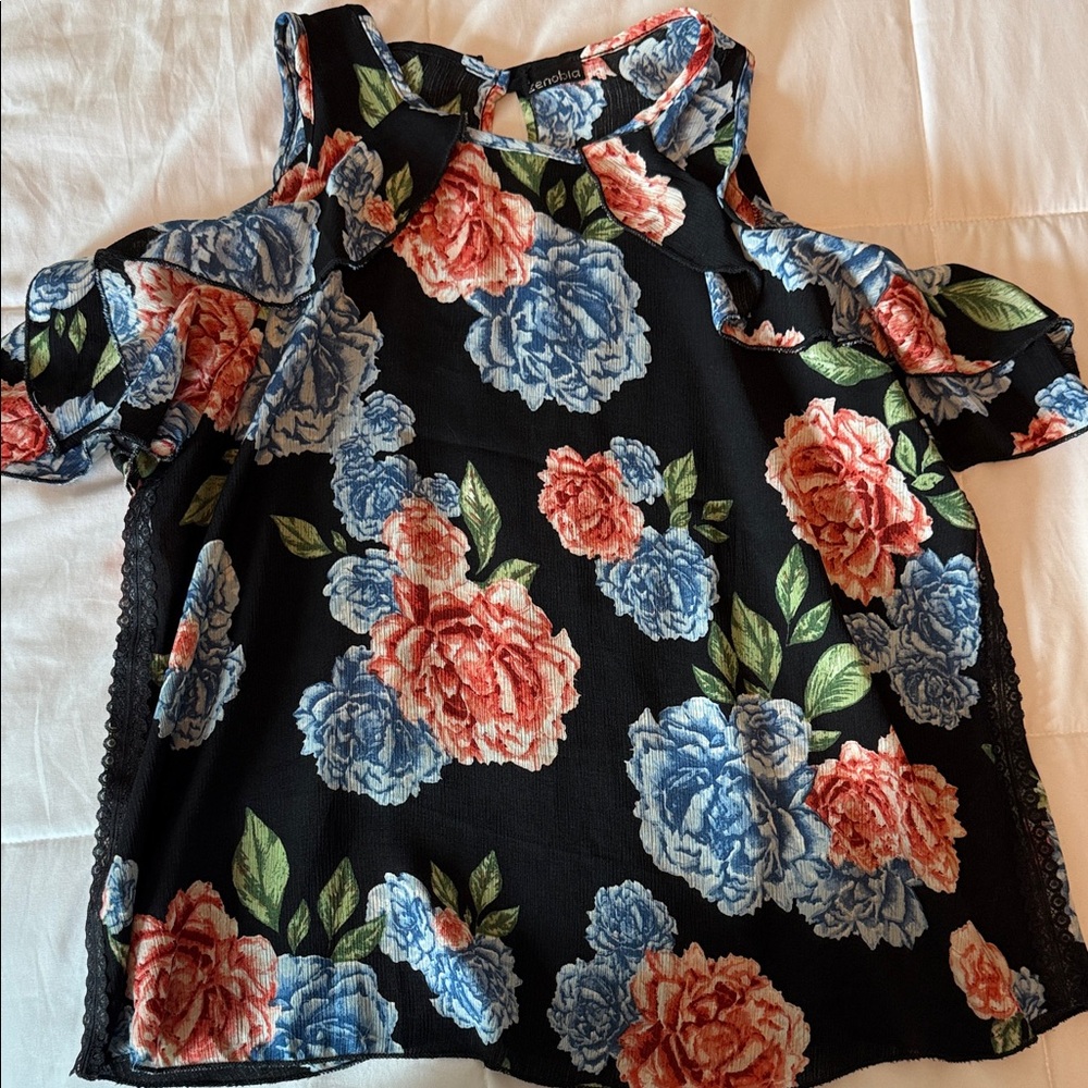 Zenobia Black Floral Cold Shoulder Blouse